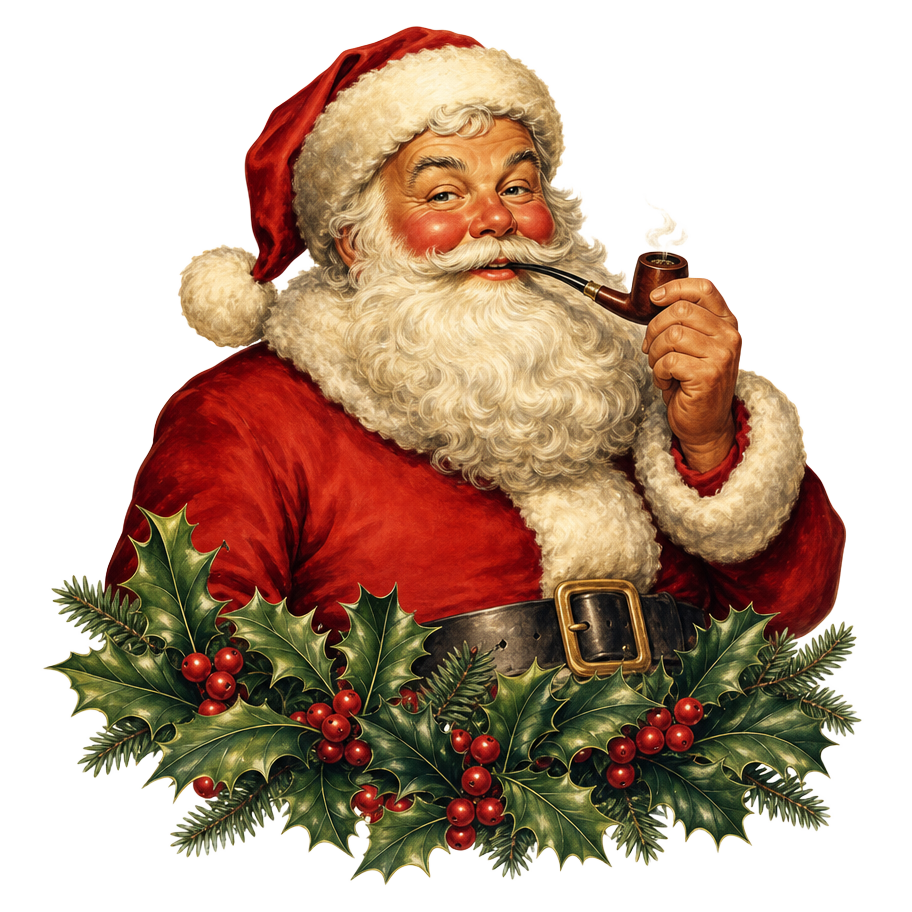 Vintage illustration of Santa Claus smoking a pipe