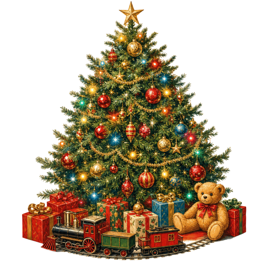 Vintage illustration of a decorated Christmas tree with toys and presents